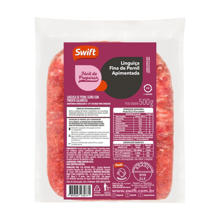 LINGUIÇA FINA DE PERNIL APIMENTADA SWIFT 500G