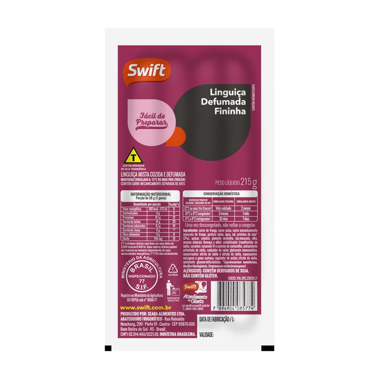 LINGUIÇA DEFUMADA FININHA SWIFT 215G