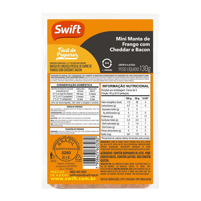 MANTA DE FRANGO COM CHEDDAR E BACON SWIFT 130G