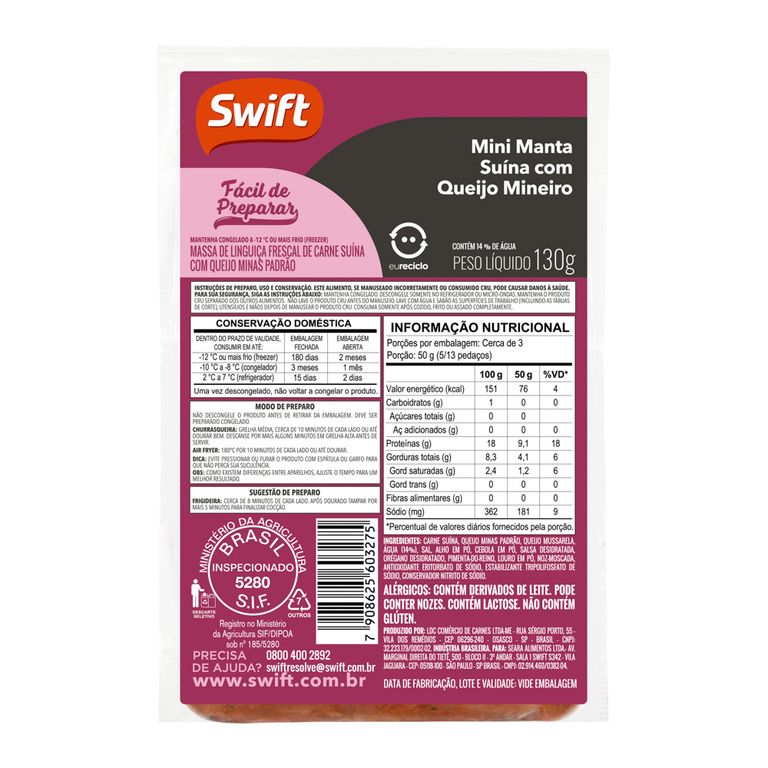 MANTA SUÍNA COM QUEIJO MINAS SWIFT 130G