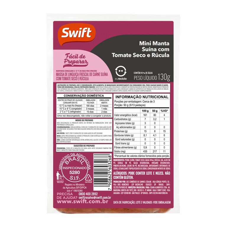 MANTA SUÍNA TOMATE RÚCULA SWIFT 130G